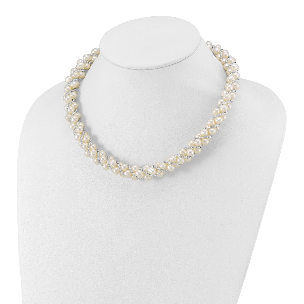 Sterling Silver Rhodium 6-7mm FWC Pearl/Glass Bead Twisted Necklace