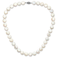 Sterling Silver Rhodium-plated 10-11mm White FWC Coin Pearl Necklace