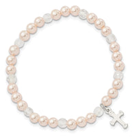 Sterling Silver Cross and Pink Shell Bead & Crystal 45mm Stretch Bracelet