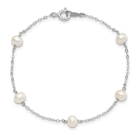 Sterling Silver RH-plated 4-5mm White Semi Rnd FWC Pearl 5 Station Bracelet
