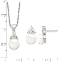Sterling Silver Rhodium-plated 9-10mm Coin FWCPearl CZ Earring/Necklace Set