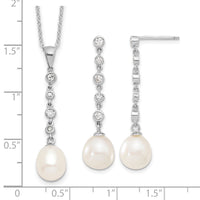 Sterling Silver Rhodium-plated 8-9mm FWC Pearl CZ Earring/Necklace Set
