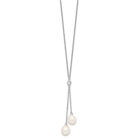 Sterling Silver Rhod-plated 8-9mm White Rice FWC Pearl CZ Dangle Necklace
