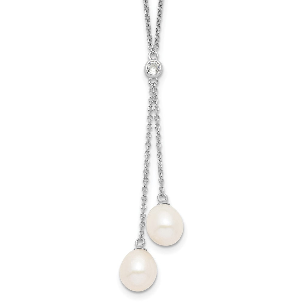 Sterling Silver Rhod-plated 8-9mm White Rice FWC Pearl CZ Dangle Necklace