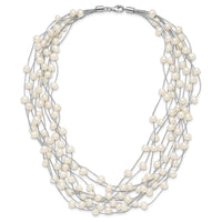 Sterling Silver RH 6-8mm White FWC Pearl Multi-strand Necklace
