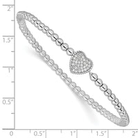 Sterling Silver Rhodium-plated Polished Beaded CZ Heart Stretch Bracelet