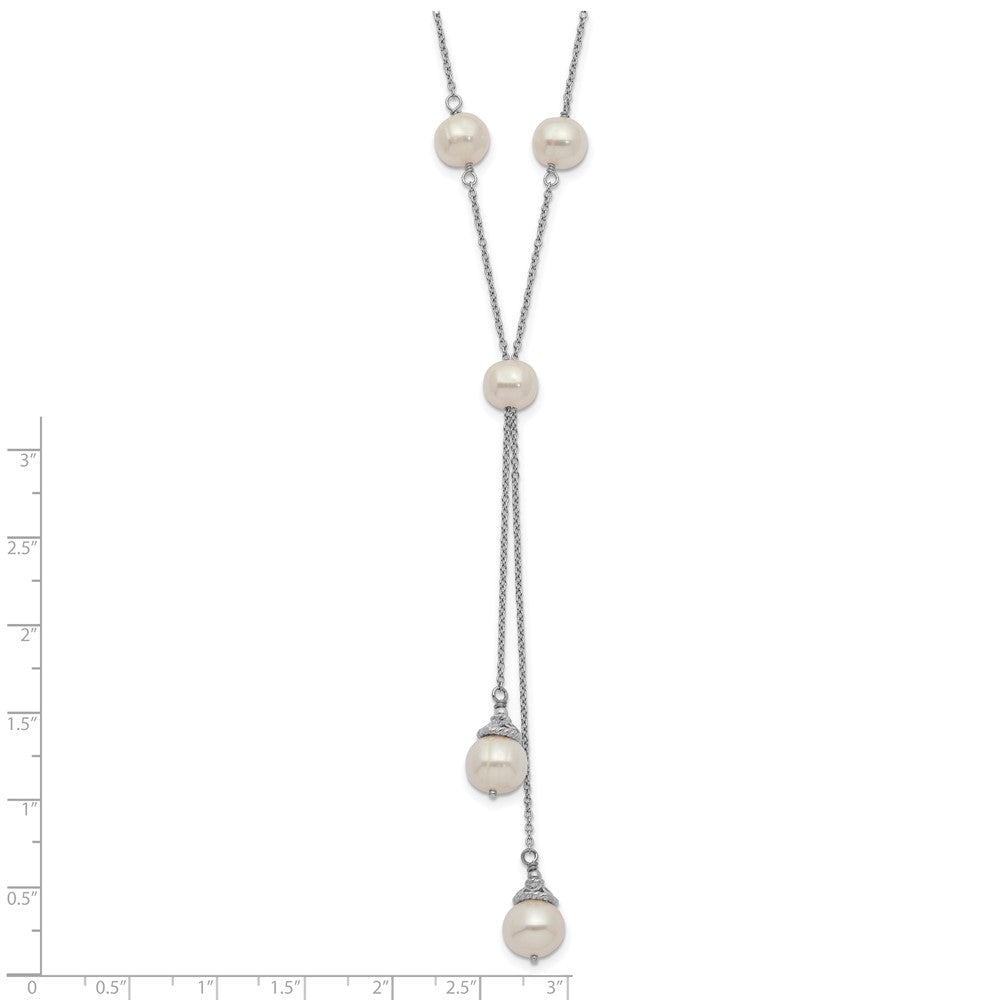Sterling Silver Rhod-plat White FWC Pearl 9 station 2 drop 2in ext Necklace
