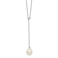 Sterling Silver Rhod-plat 10-11mm White Teardrop FWC Pearl Drop Necklace