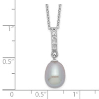 Sterling Silver Rhod-plat 8-9mm Grey FWC Pearl CZ Necklace