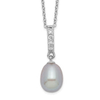Sterling Silver Rhod-plat 8-9mm Grey FWC Pearl CZ Necklace