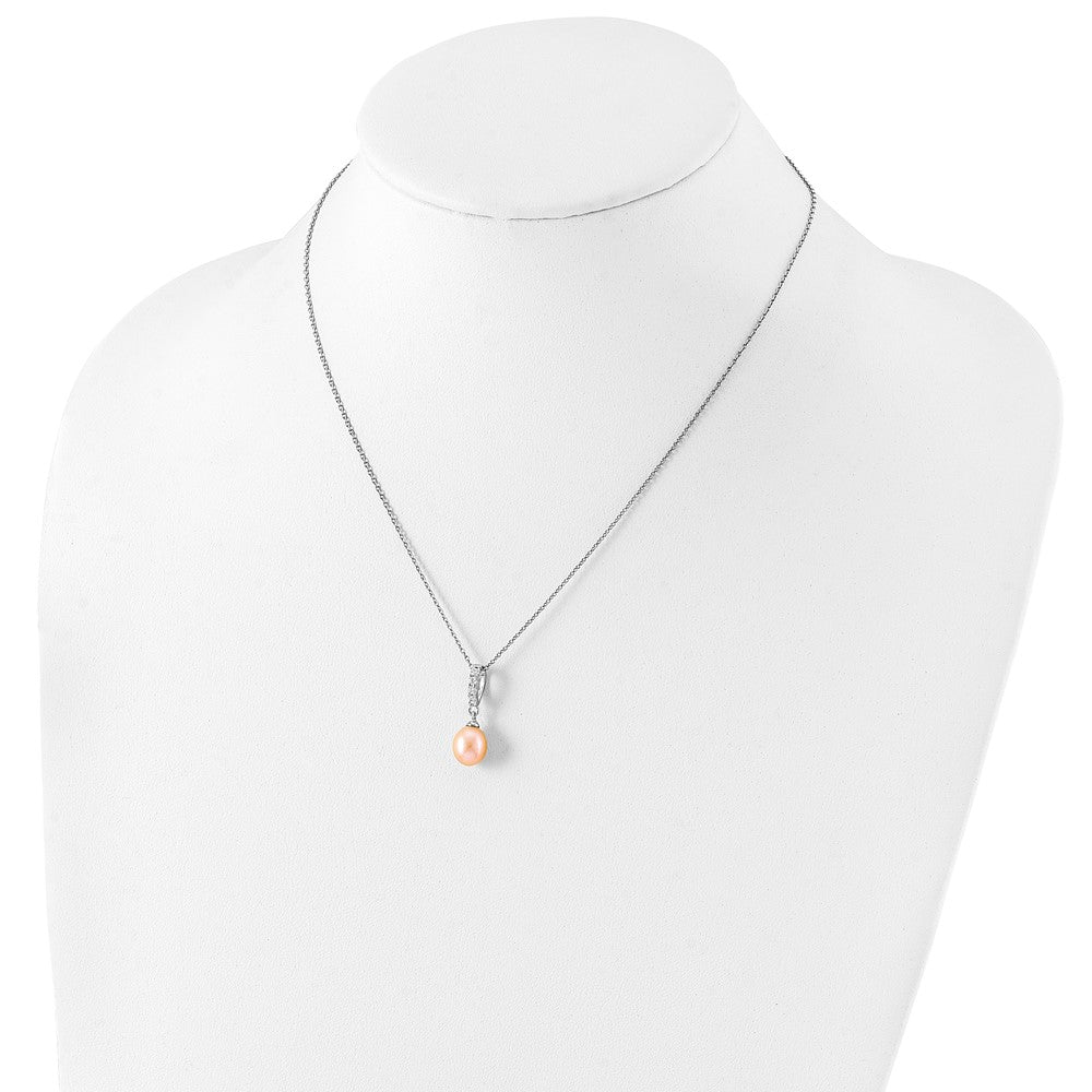 Sterling Silver Rhod-plat 8-9mm Pink FWC Pearl CZ Necklace