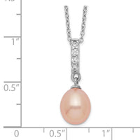 Sterling Silver Rhod-plat 8-9mm Pink FWC Pearl CZ Necklace