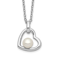 Sterling Silver Rhodium-plated 4-5mm White Button FWC Pearl Heart Necklace