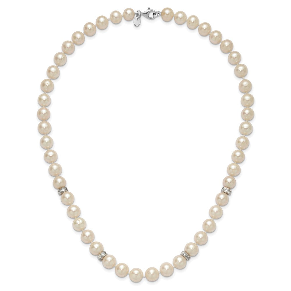 Sterling Silver Rhod-plat 9-10mm White Near Round FWC Pearl CZ Necklace