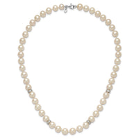 Sterling Silver Rhod-plat 9-10mm White Near Round FWC Pearl CZ Necklace