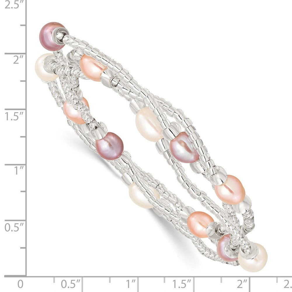 6-8mm Wht/Pi/Pu Rice FWC Pearl and Glass Bead Stretch 3-Bracelet Set