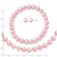 Sterling Silver Rh-p 7-8mm Pink FWC Pearl Earring Bracelet Necklace Set