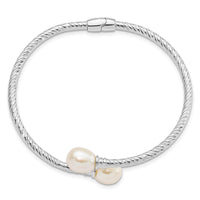 Sterling Silver Rh-pl 8-9mm White Rice FWC Pearl Hinged Bangle
