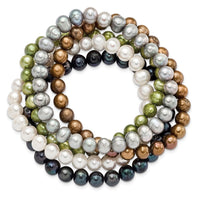 6-7mm Grn/Gry/Wht/Blck/Brwn Semi-round FWC Pearl Stretch Bracelet 5 pc Set