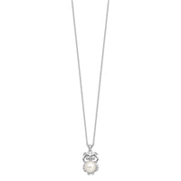 Sterling Silver Rhodium-plated CZ 8-9mm White Button FWC Pearl Owl Necklace