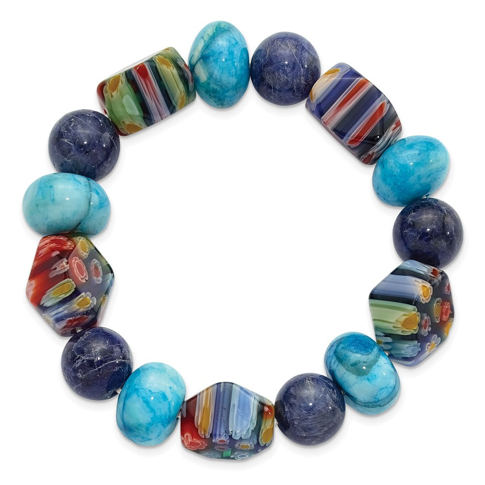 Agate, Lapis and Kangsai Glass Beaded Stretch Bracelet