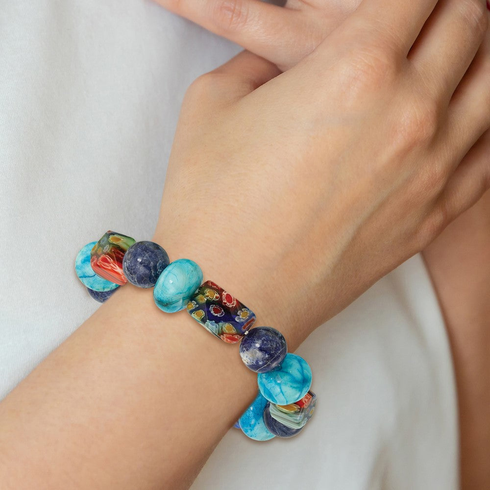 Agate, Lapis and Kangsai Glass Beaded Stretch Bracelet