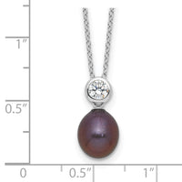 Sterling Silver RH-plated 7-8mm Black Rice FWC Pearl/CZ 17in Necklace