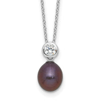 Sterling Silver RH-plated 7-8mm Black Rice FWC Pearl/CZ 17in Necklace