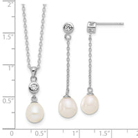 Sterling Silver RH-plated 7-8mm FWC Pearl/CZ 17in Necklace/Earrings Set