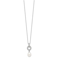 Sterling Silver RH-plated 7-9mm FWC Pearl/CZ Necklace/Post Earrings Set