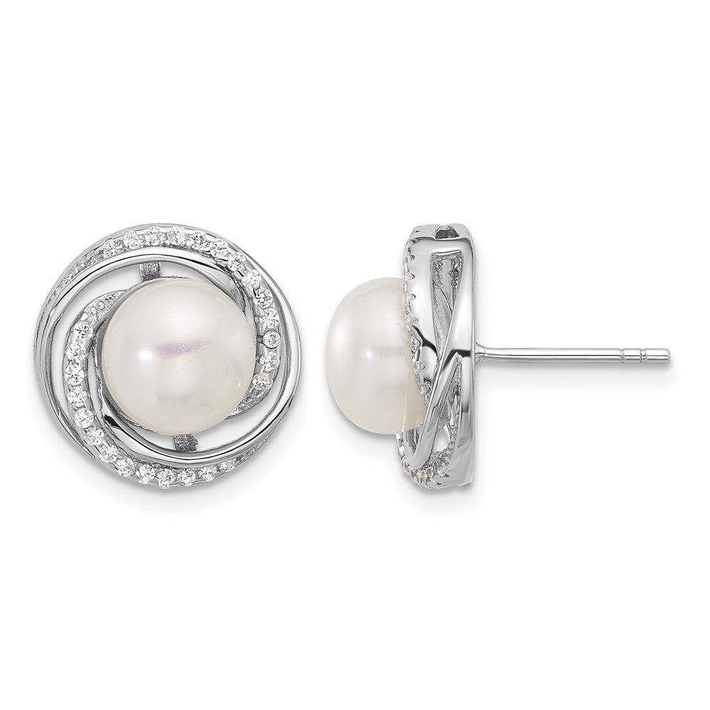 Sterling Silver RH-plated 8-10mm FWC Pearl/CZ Necklace/Post Earrings Set