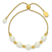 SS Gold-tone Polished and Beaded 7x8mmFWC Pearl Adjustable Bolo Bracelet