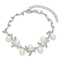 Sterling Silver Rh 6-8mm Teardrop FWC/CZ Leaf w/2in ext. Bracelet