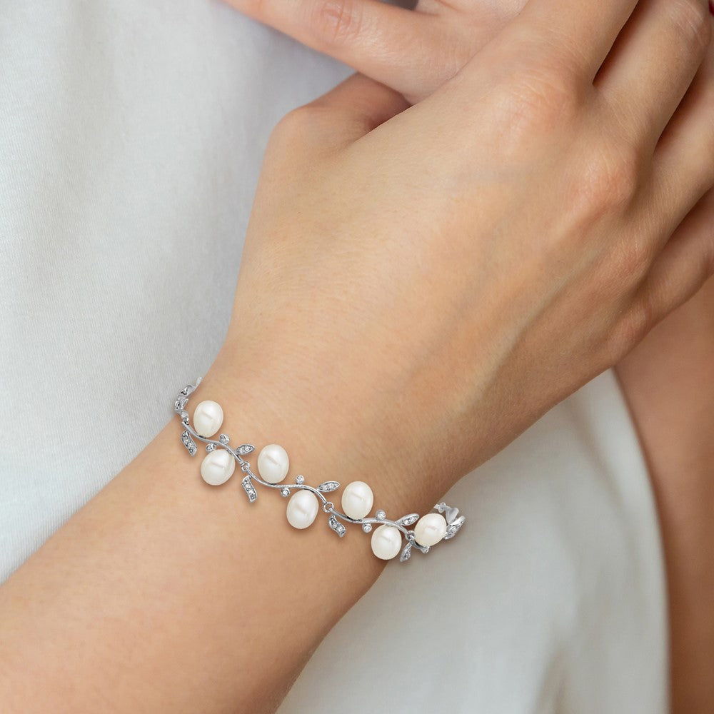 Sterling Silver Rh 6-8mm Teardrop FWC/CZ Leaf w/2in ext. Bracelet