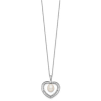 Sterling Silver Rhod 8-9mm FWC Pearl and CZ Heart 17in Necklace