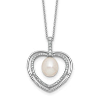 Sterling Silver Rhod 8-9mm FWC Pearl and CZ Heart 17in Necklace
