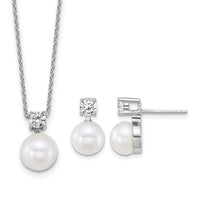 Sterling Silver Rh-plated FWC Pearl and CZ 17in Necklace/Earring Set