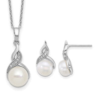 Sterling Silver Rh-plated FWC Pearl and CZ 17in Necklace/Earring Set