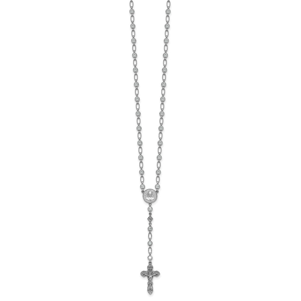 Sterling Silver Rhodium-plated Polished Round CZ 25.25in Rosary Necklace