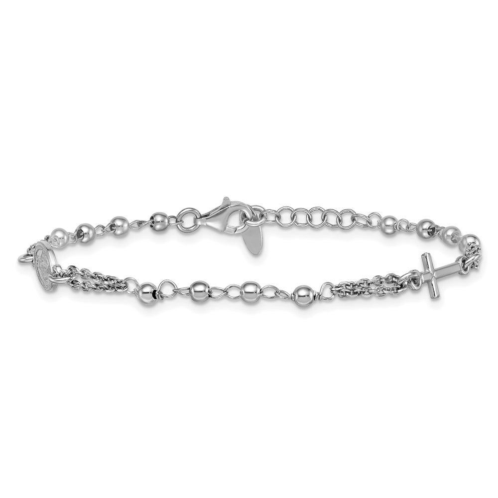 Sterling Silver Rh-plated 7.25in w/.5in ext. Rosary Themed Bracelet