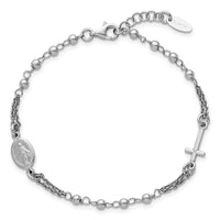 Sterling Silver Rh-plated 7.25in w/.5in ext. Rosary Themed Bracelet