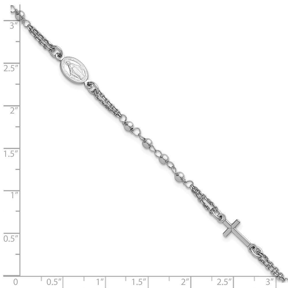 Sterling Silver Rh-plated 7.25in w/.5in ext. Rosary Themed Bracelet