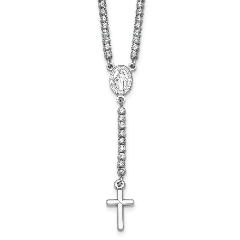 Sterling Silver Rh-plated  Polished CZ 15.5in with 2in ext. Rosary Necklace