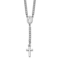 Sterling Silver Rh-plated  Polished CZ 15.5in with 2in ext. Rosary Necklace