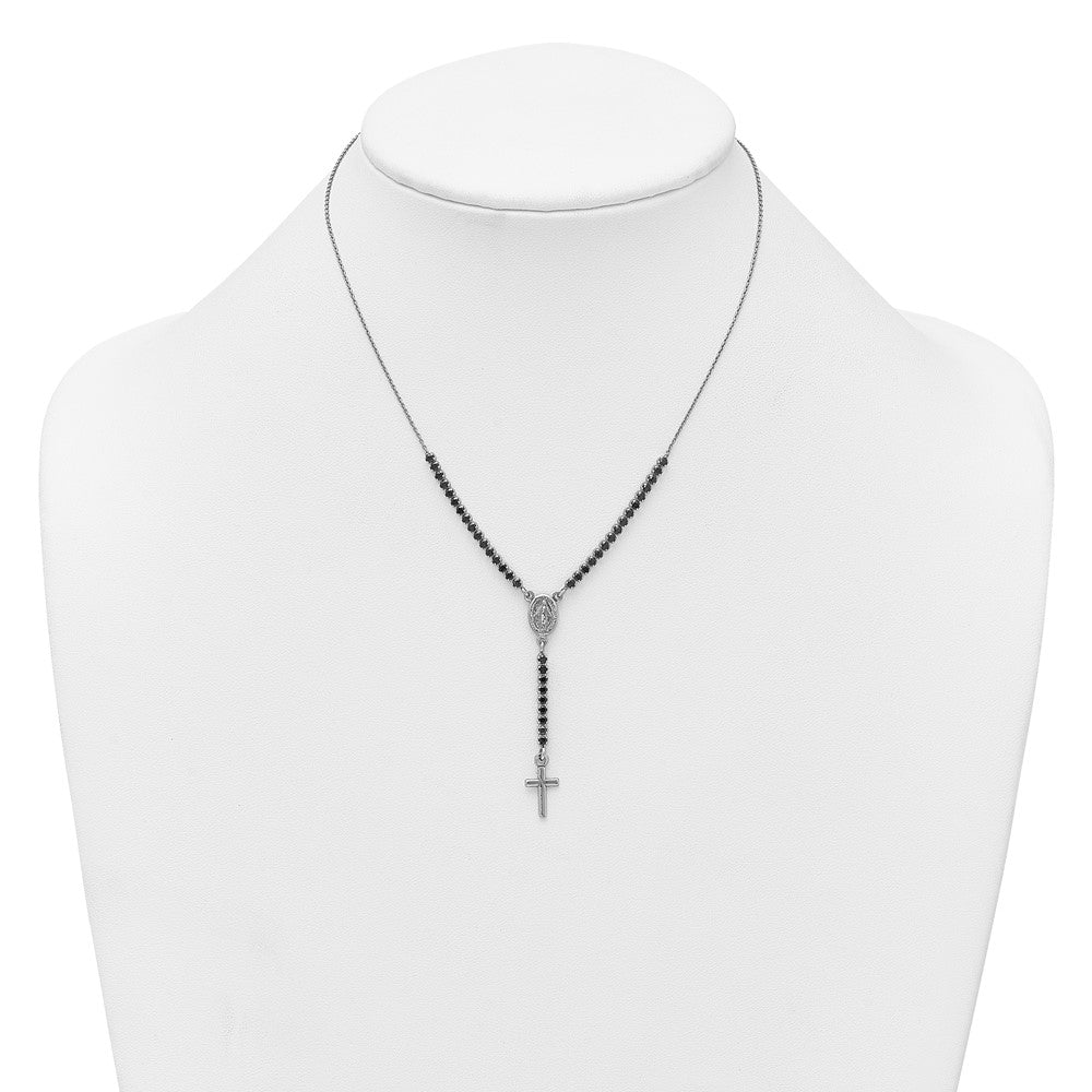 Sterling Silver Rh-plat Polished Blk CZ 15.5in with 2in ext. Rosary Necklac