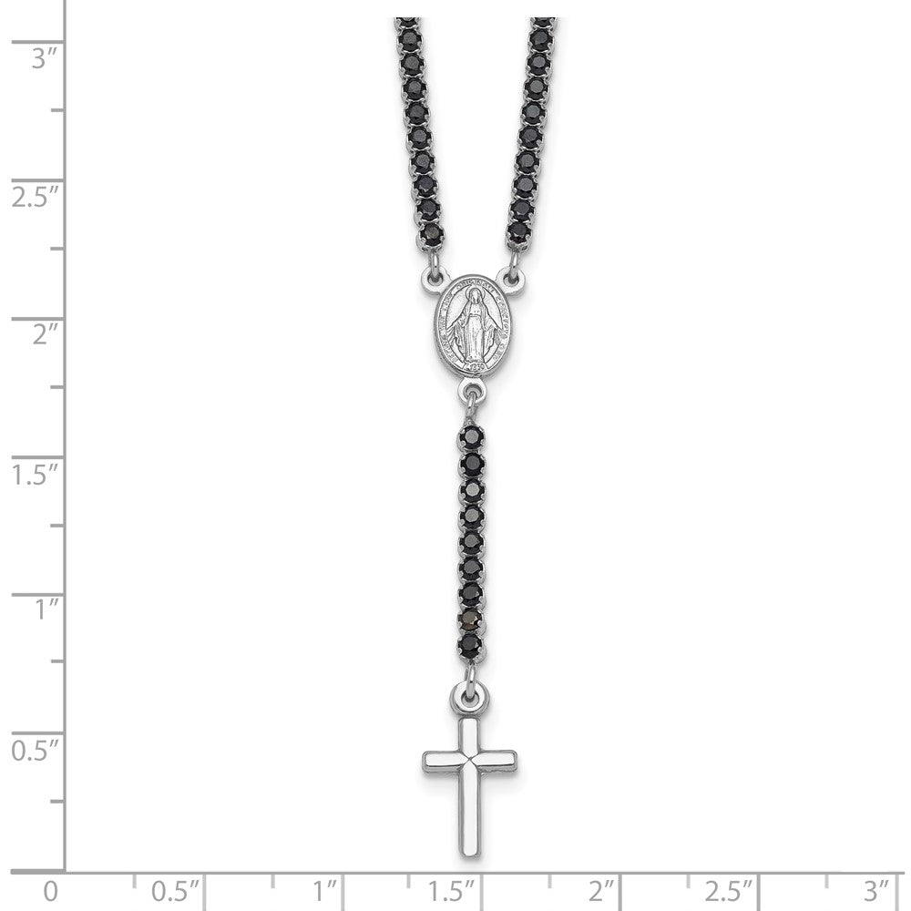 Sterling Silver Rh-plat Polished Blk CZ 15.5in with 2in ext. Rosary Necklac