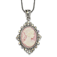 Sterling Silver Antiqued Pink Resin Cameo w/Crystal Necklace