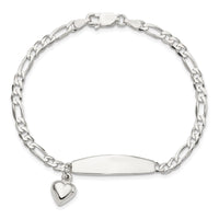 Sterling Silver Polished Figaro ID Heart Dangle Bracelet