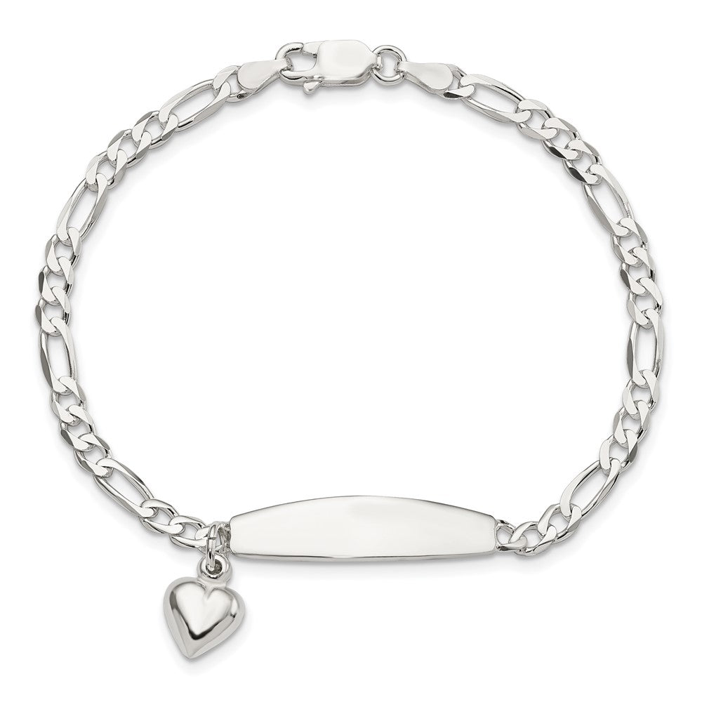 Sterling Silver Polished Figaro ID Heart Dangle 8.5in Bracelet