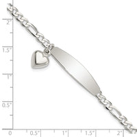 Sterling Silver Polished Figaro ID Heart Dangle Bracelet